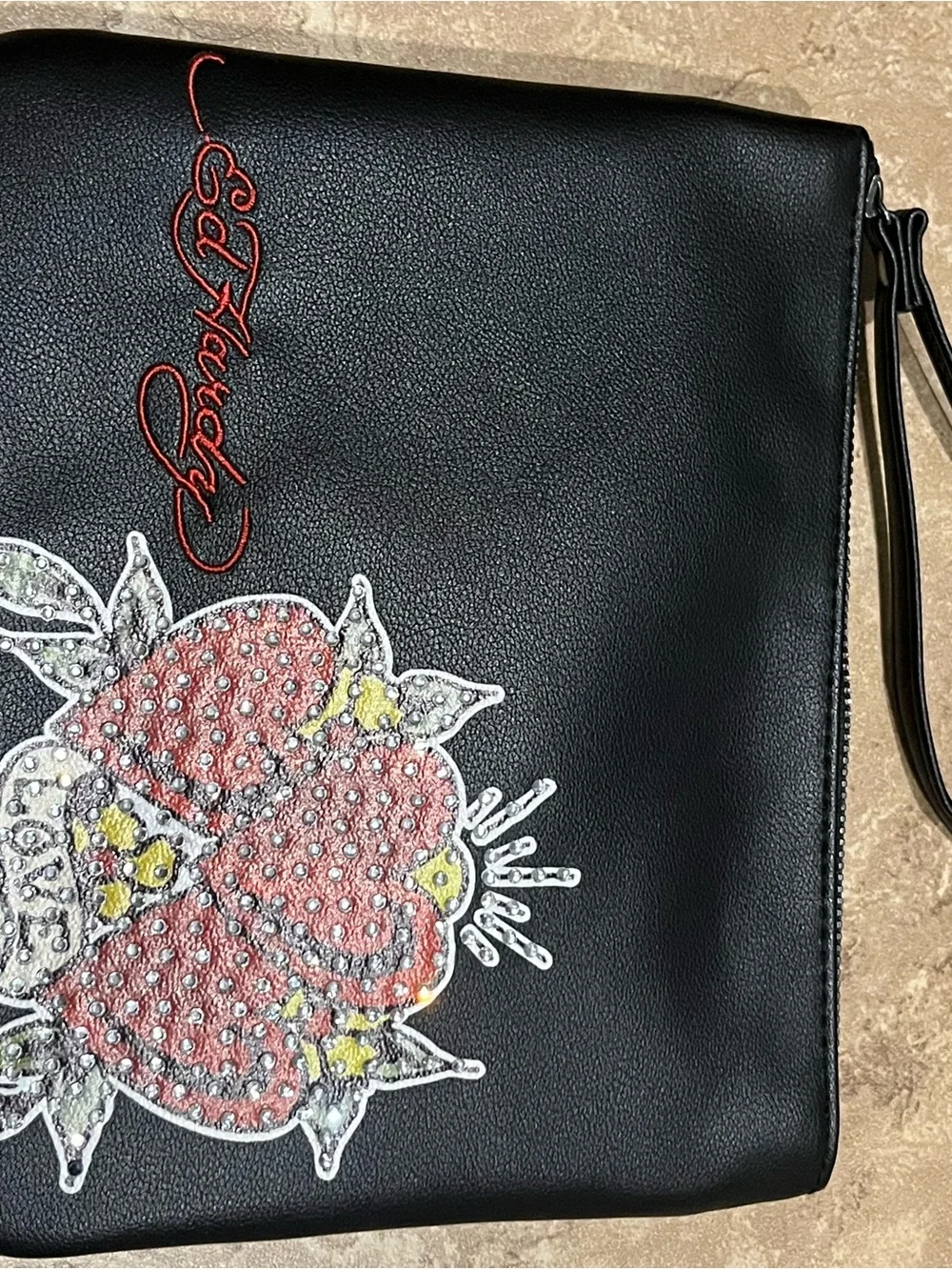 Ed Hardy Black Wristlet Clutch with Red Studded Heart Graphic